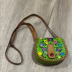 Handmade Floral Green Leather Crossbody Bag